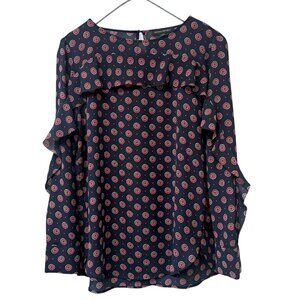 Banana Republic Foulard Blouse Navy Blue Medium Petite Womens Ruffle Top